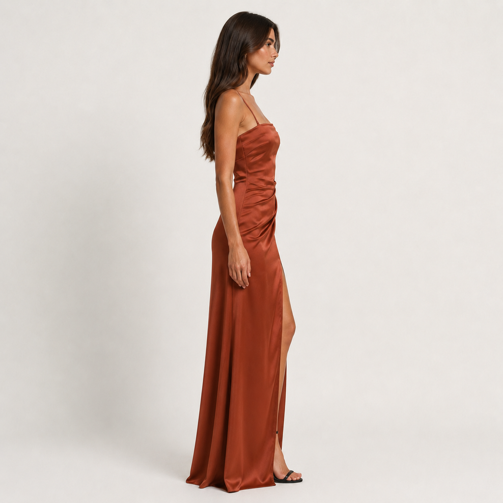 Long Slip Dress Women's Flowy Straight Neckline Adjustable Straps Side Slit