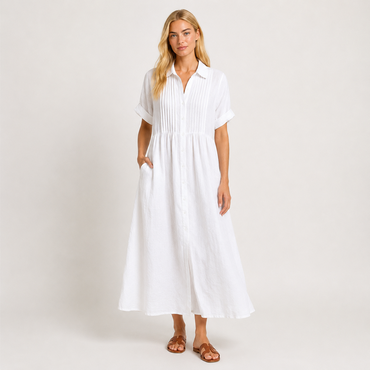 Women's Linen Cotton Dress, Flowy Button-Front Elegant Spring & Summer Dress