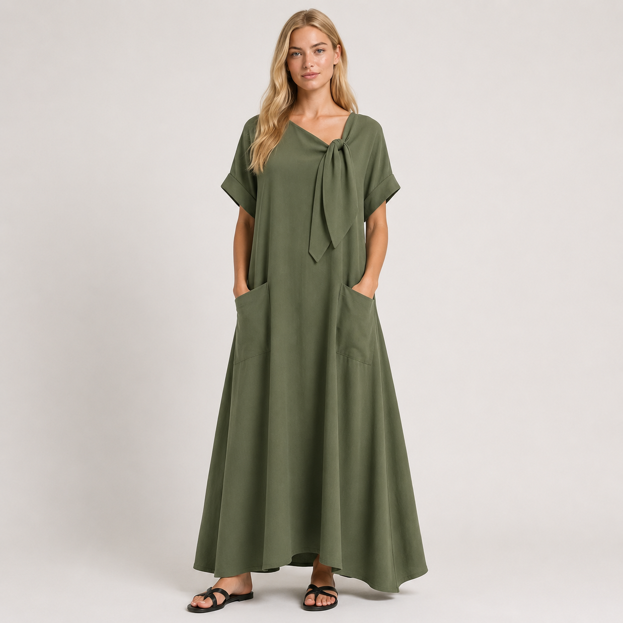 Women's Tie-Neck Dress with Pockets, Relaxed Casual Summer Everyday & Travel Dress