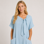 Women's Tie-Neck Dress with Pockets, Relaxed Casual Summer Everyday & Travel Dress