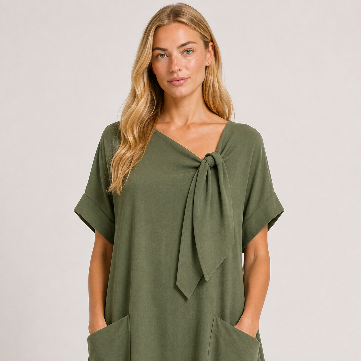 Women's Tie-Neck Dress with Pockets, Relaxed Casual Summer Everyday & Travel Dress