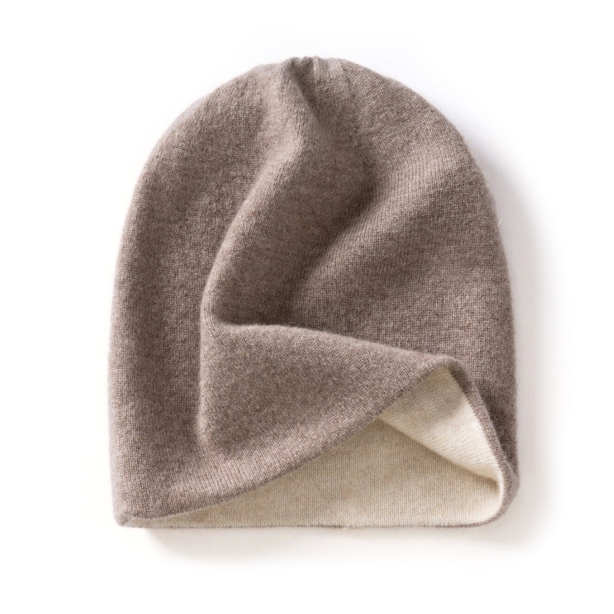 Cashmere beanie hat with double-layer knit - Brown