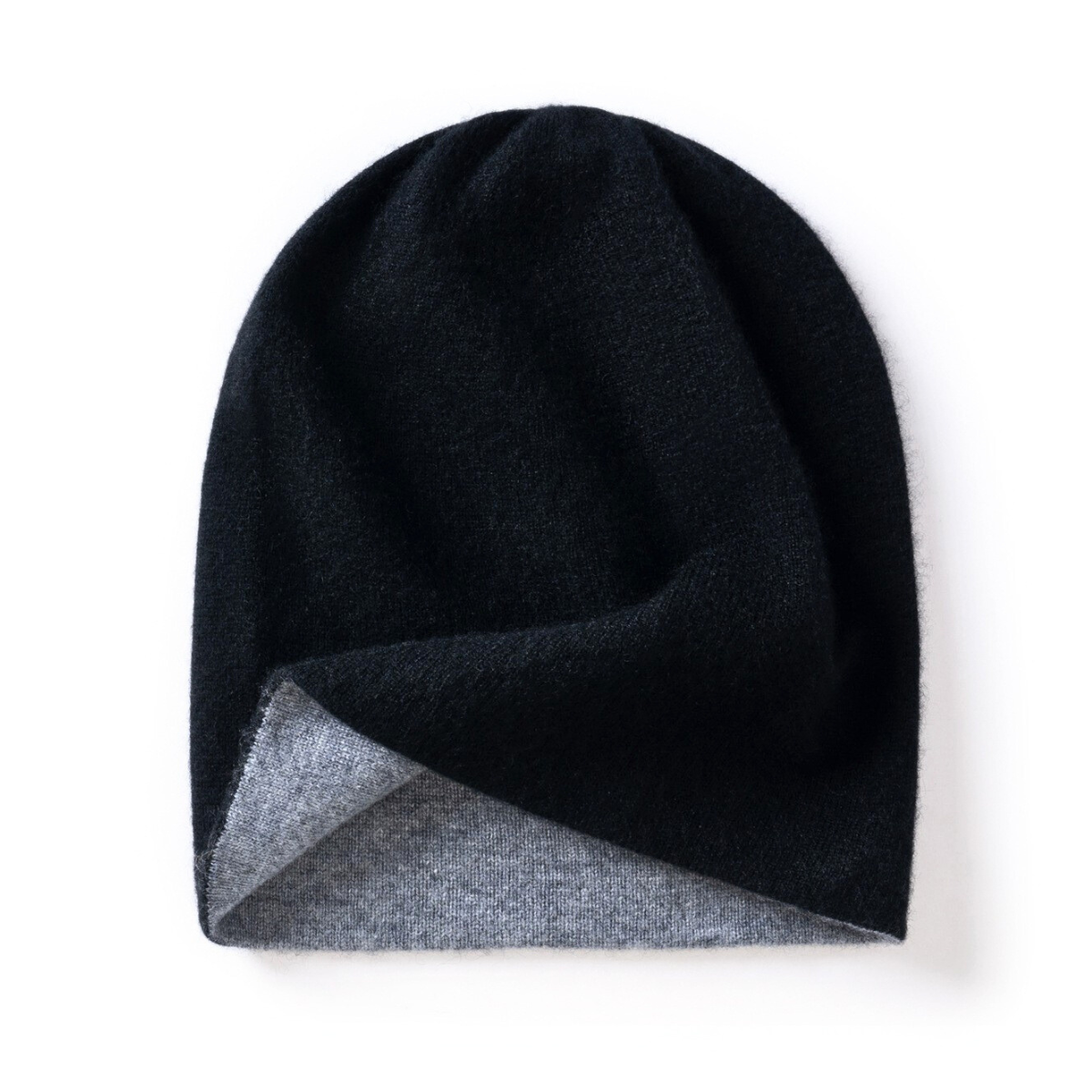 Cashmere beanie hat with double-layer knit - Black