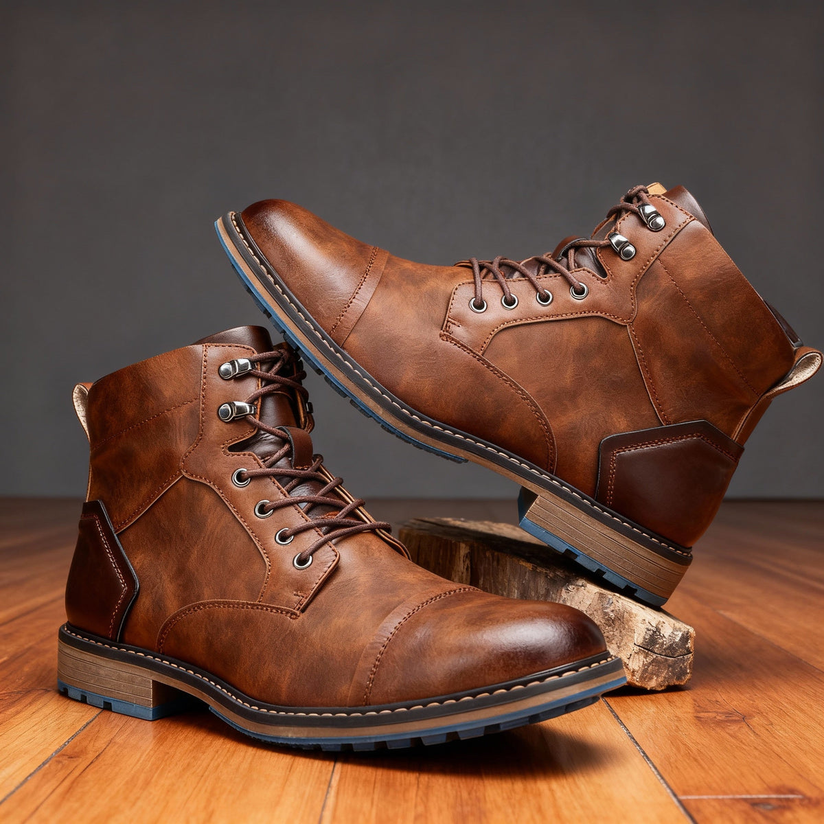 Combat boots with reinforced heel panels and cushioned sole - Chestnut Brown