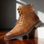 Combat boots with reinforced heel panels and cushioned sole