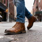 Combat boots with reinforced heel panels and cushioned sole