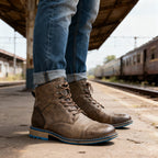 Combat boots with reinforced heel panels and cushioned sole