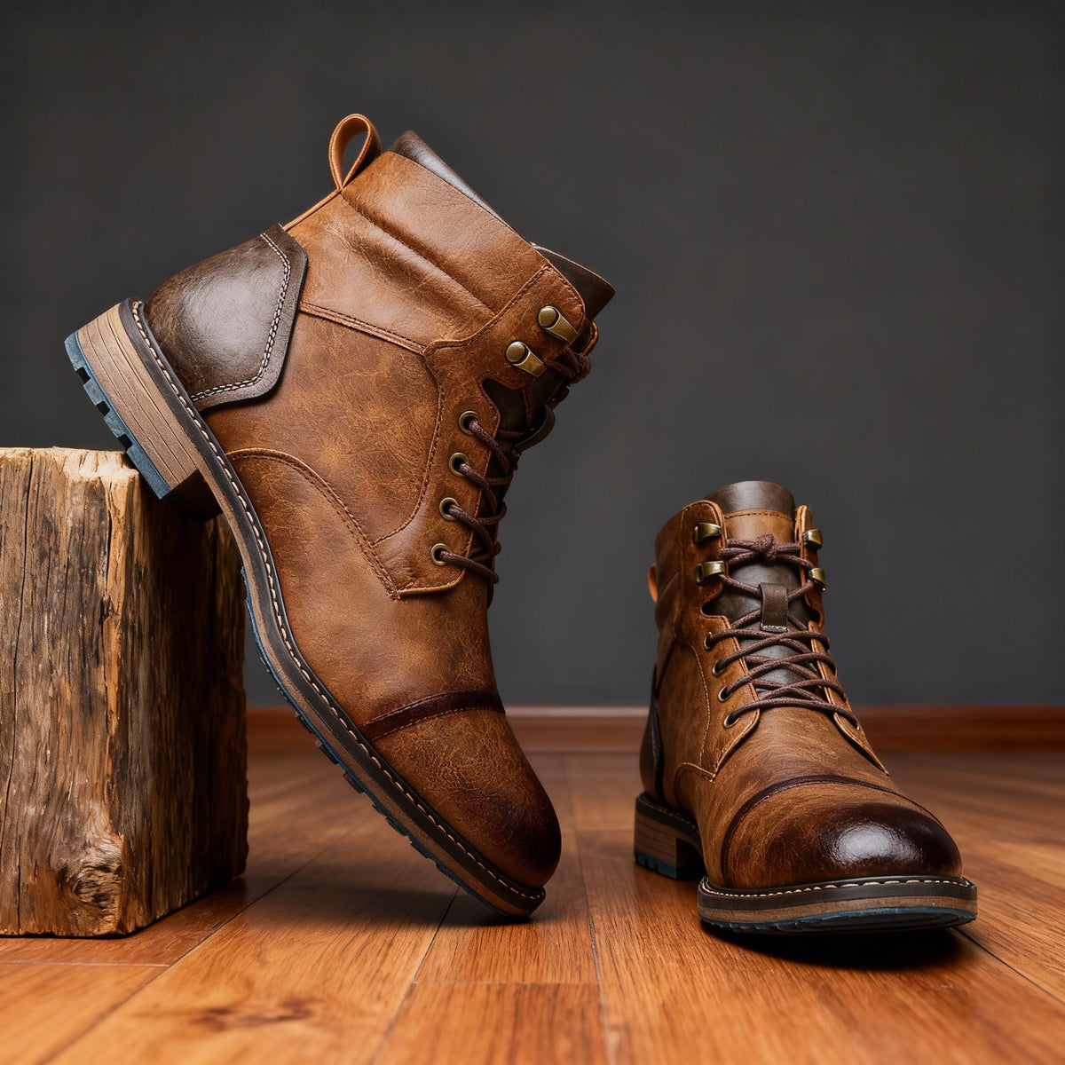 Combat boots with reinforced heel panels and cushioned sole - Saddle Brown