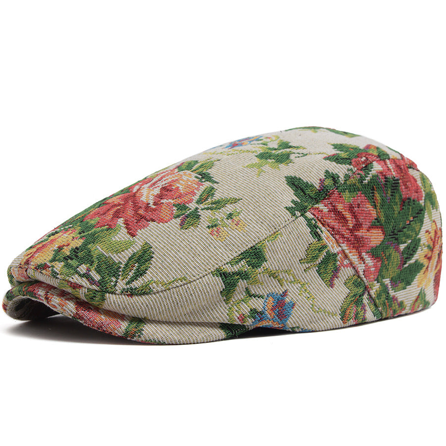 Floral Driver Cap in Textured Cotton Blend - Beige