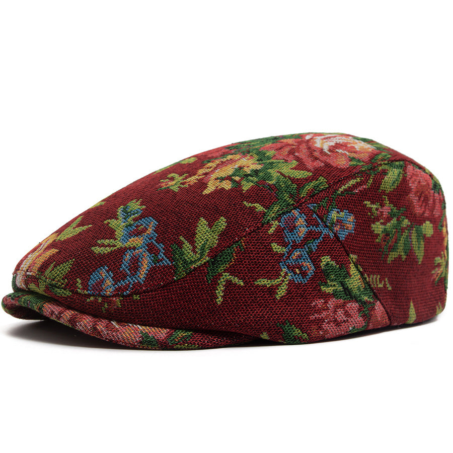 Floral Driver Cap in Textured Cotton Blend - Red