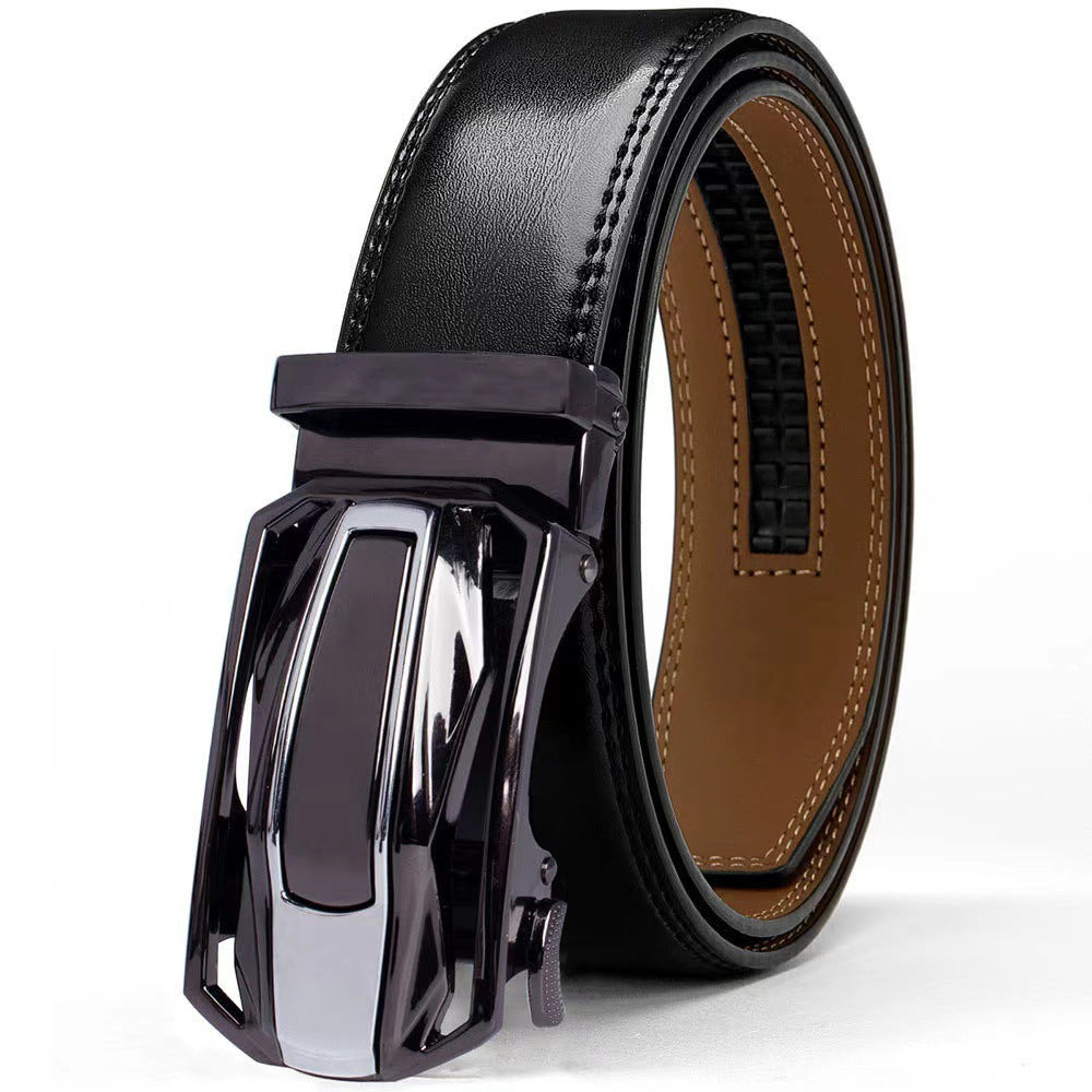 Leather belt with auto-lock buckle and smooth finish - Black