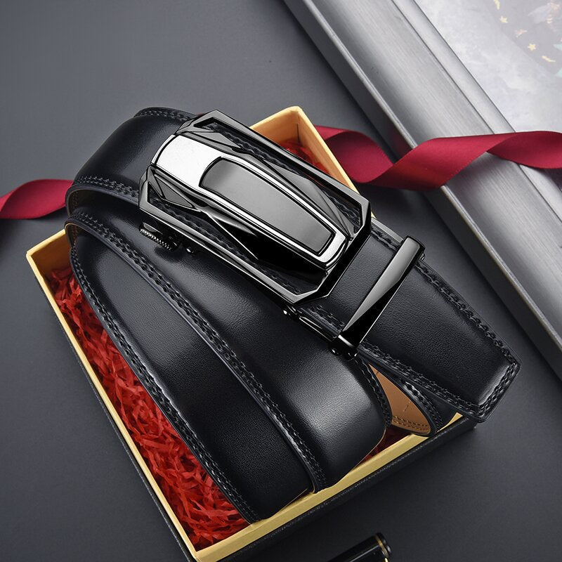 Leather belt with auto-lock buckle and smooth finish