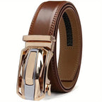 Leather belt with auto-lock buckle and smooth finish - Brown