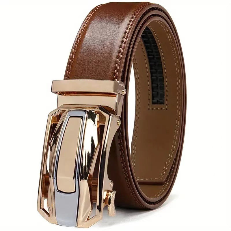 Leather belt with auto-lock buckle and smooth finish - Brown
