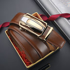 Leather belt with auto-lock buckle and smooth finish