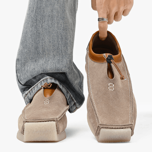 Leather and suede loafers with square toe and drawstring closure - Beige