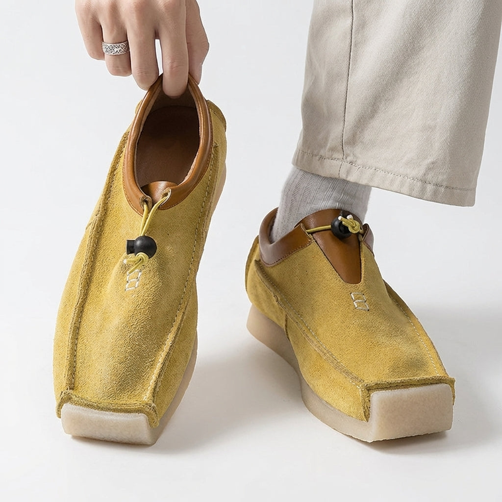 Leather and suede loafers with square toe and drawstring closure - Yellow