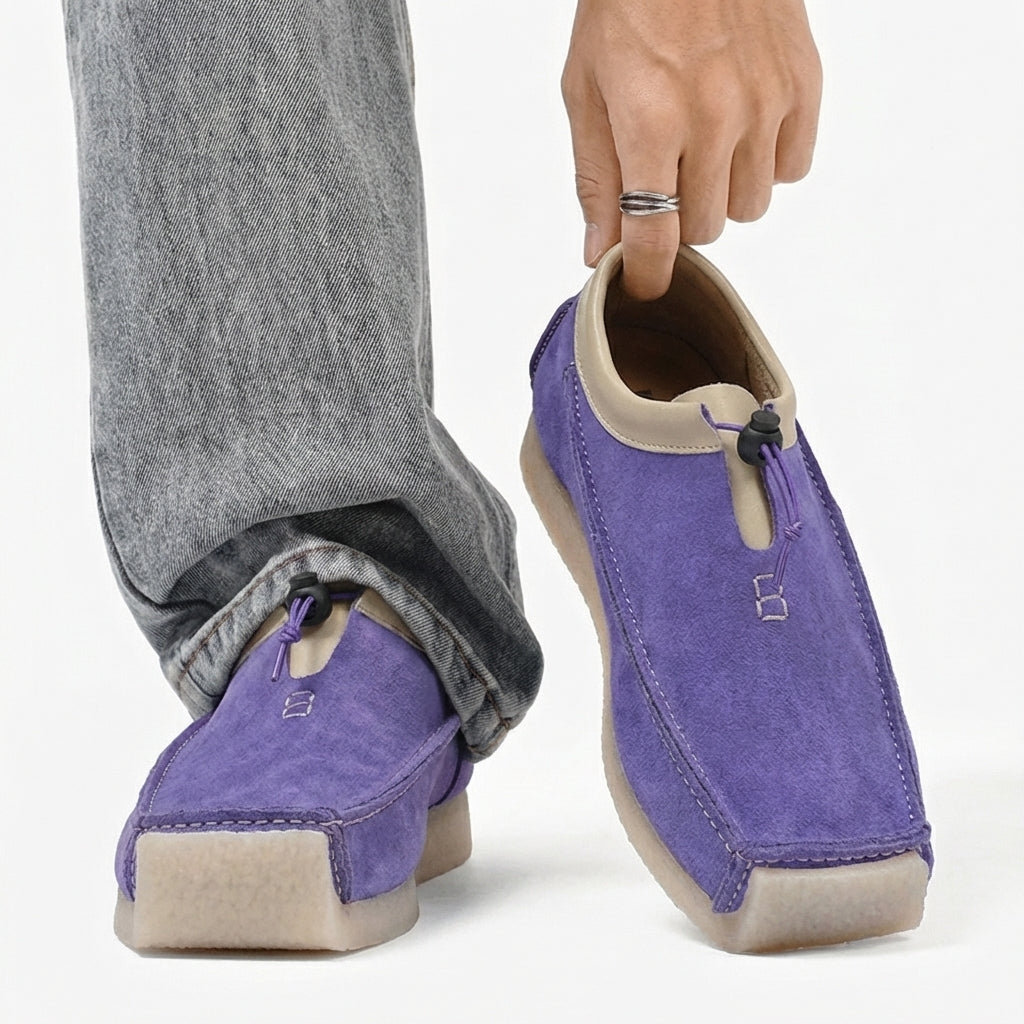 Leather and suede loafers with square toe and drawstring closure - Purple