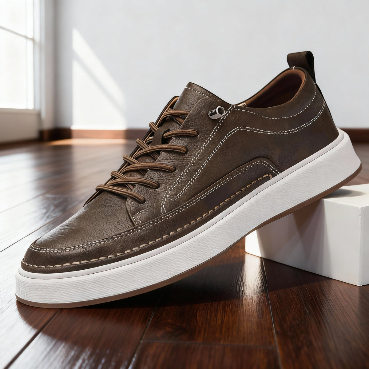 Leather Trainers with Cushioned Footbed - Khaki