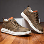 Leather trainers with padded collar and cushioned insole - Khaki