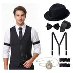 Men's 1920s Gatsby Costume Waistcoat Set with Hat and Accessories - Black Vest Black Hat