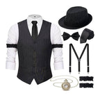 Men's 1920s Gatsby Costume Waistcoat Set with Hat and Accessories - Stripe Vest Hat