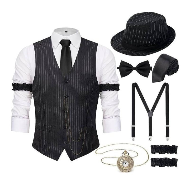 Men's 1920s Gatsby Costume Waistcoat Set with Hat and Accessories - Stripe Vest Hat