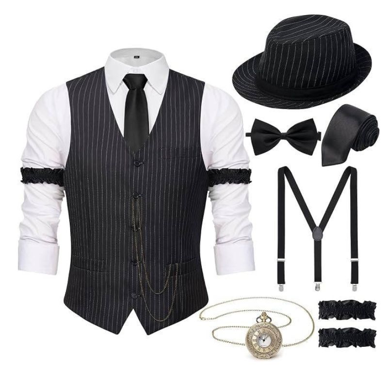 Men's 1920s Gatsby Costume Waistcoat Set with Hat and Accessories - Stripe Vest Black Hat