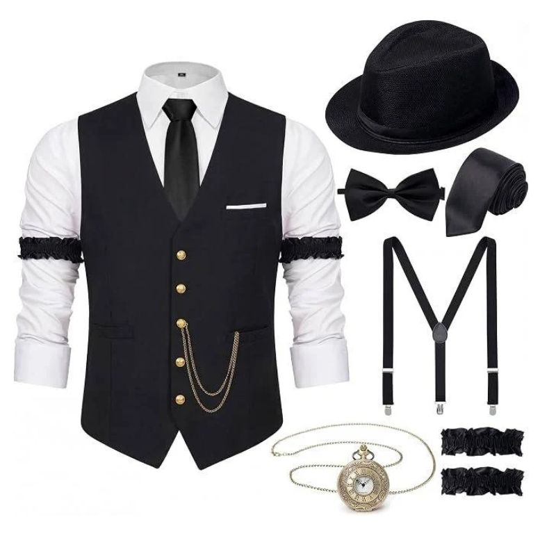 Men's 1920s Gatsby Costume Waistcoat Set with Hat and Accessories - Black Vest Hat Golden Button