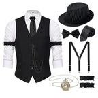 Men's 1920s Gatsby Costume Waistcoat Set with Hat and Accessories - Black Striped Hat