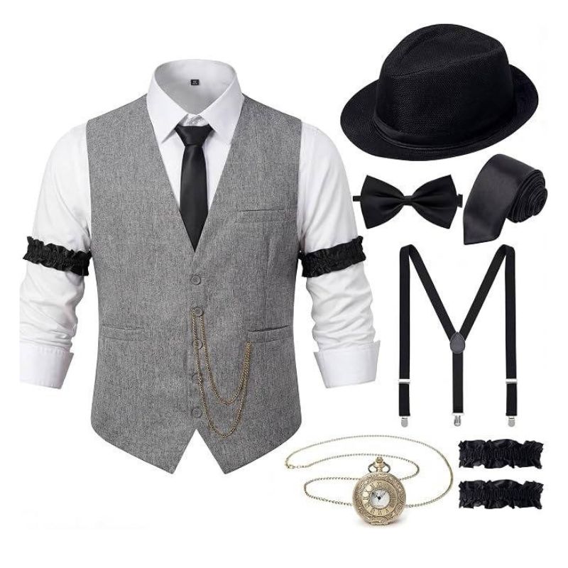 Men's 1920s Gatsby Costume Waistcoat Set with Hat and Accessories - Light Grey