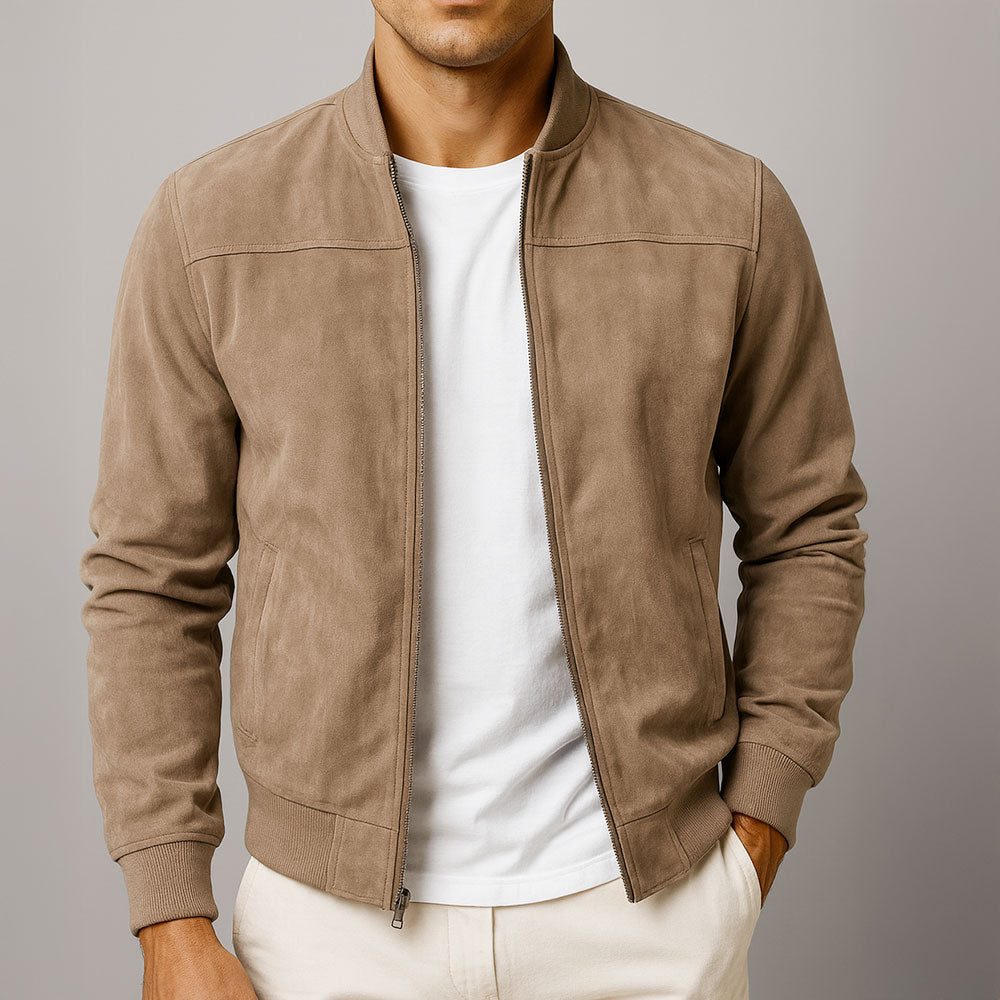 Men's faux suede bomber jacket with zip-up front and ribbed cuffs - Brown