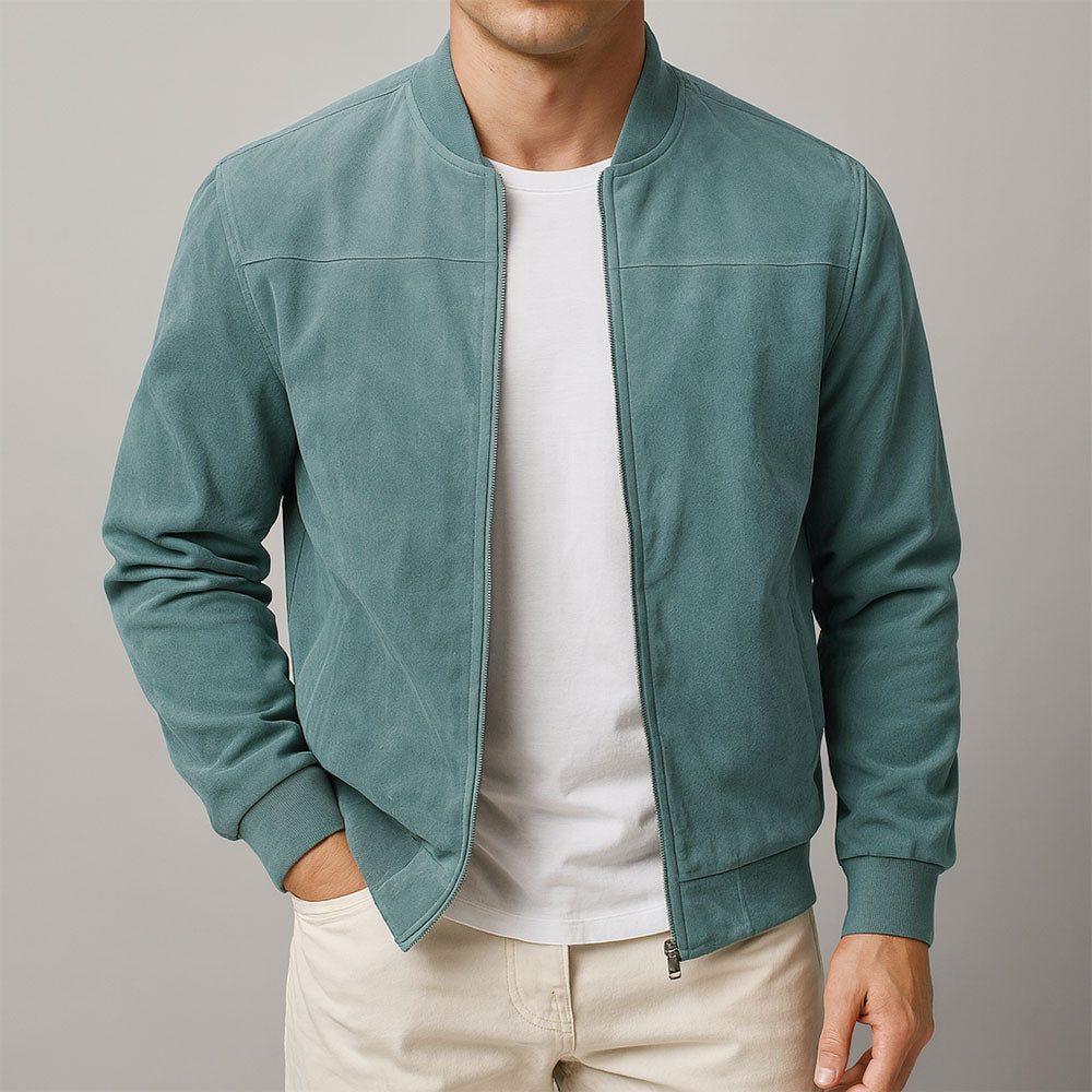 Men's faux suede bomber jacket with zip-up front and ribbed cuffs - Blue
