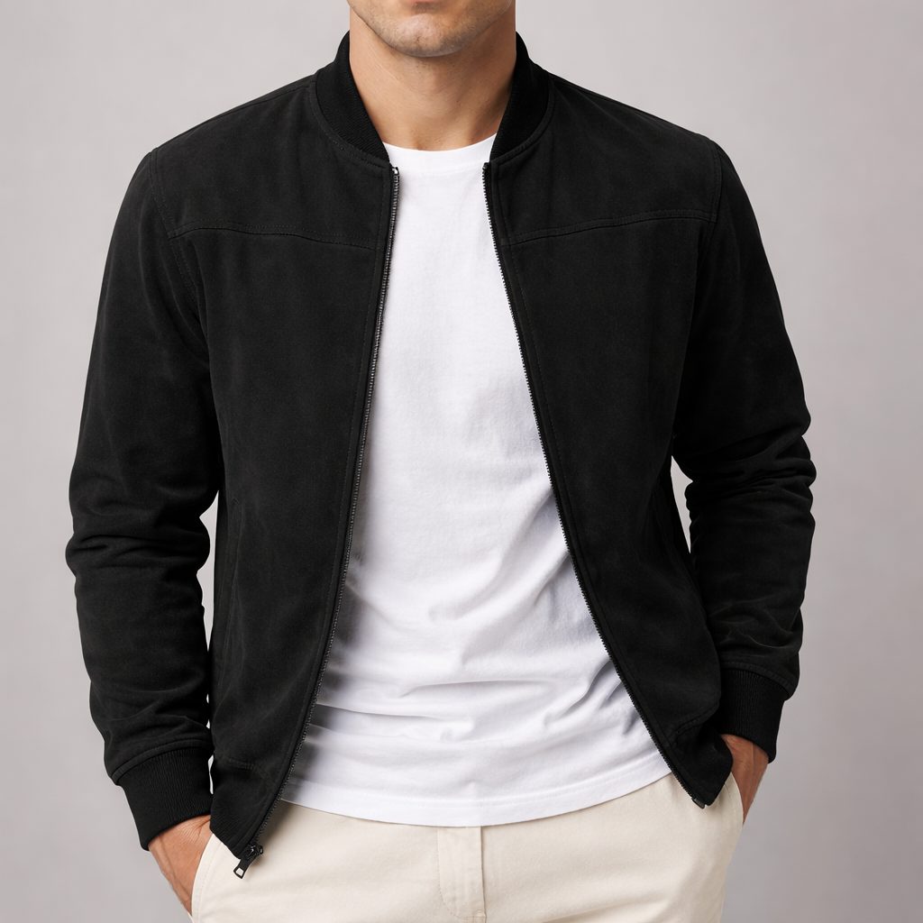Men's faux suede bomber jacket with zip-up front and ribbed cuffs - Black