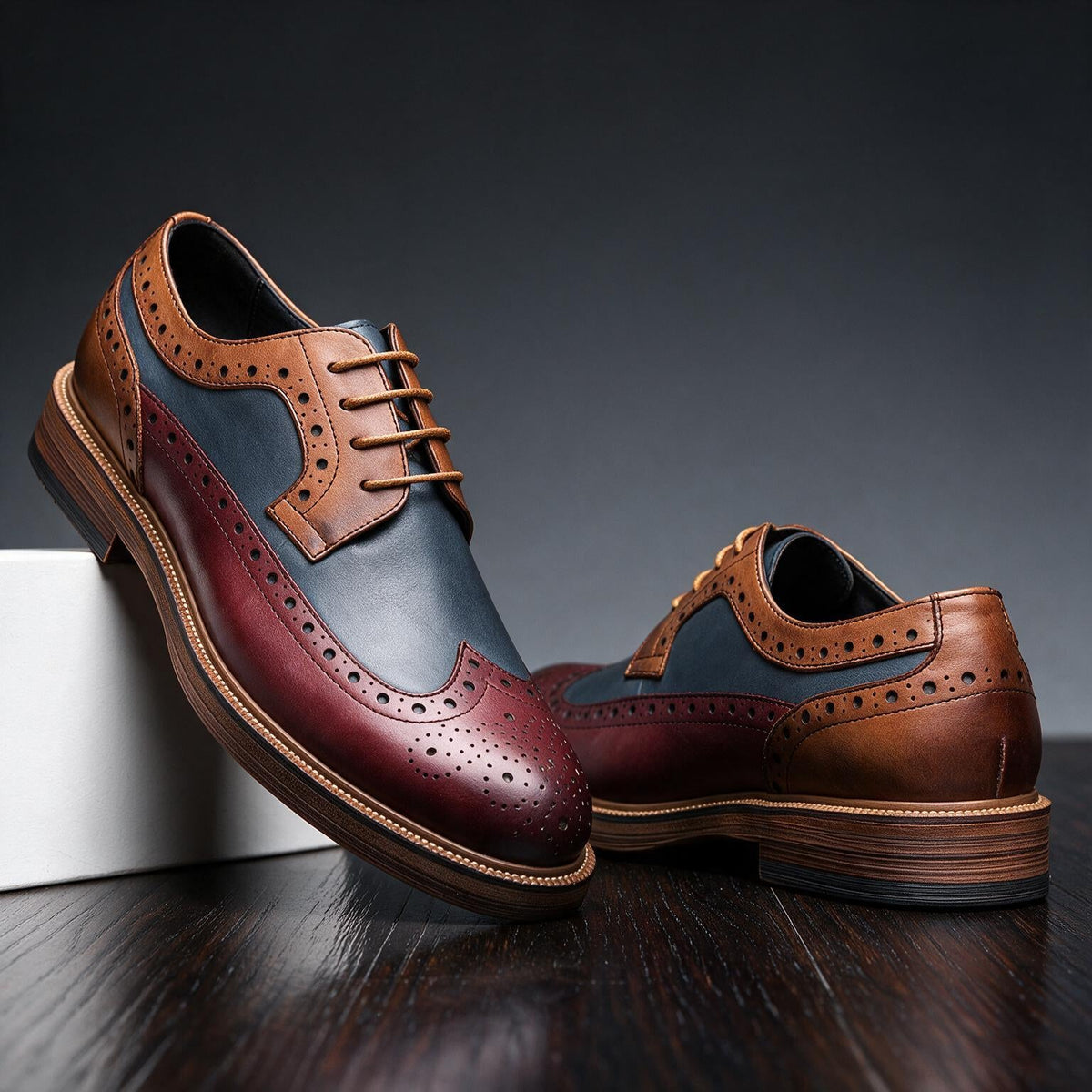 Men's Brogue Derby Shoes Lace-Up Cushioned Orthopaedic Comfort Sole - Burgundy Navy