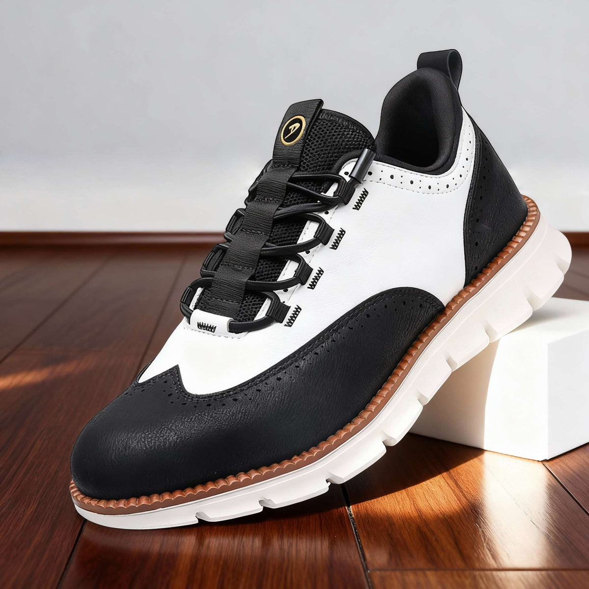 Men's Brogue Trainers with Perforated Detail - Black/White