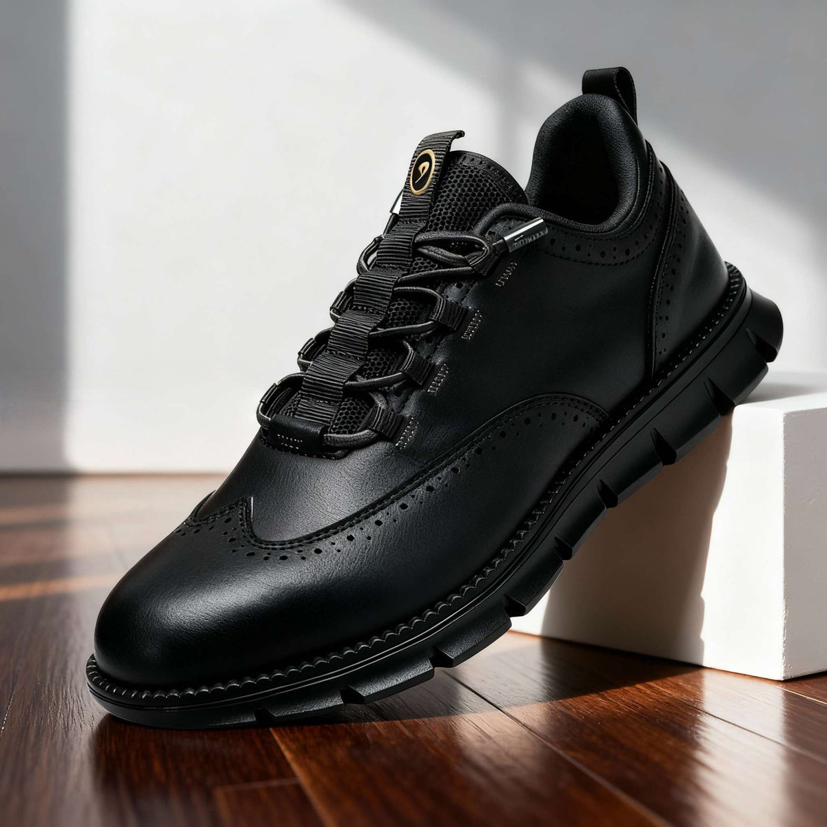 Men's Brogue Trainers with Perforated Detail - Deep Black
