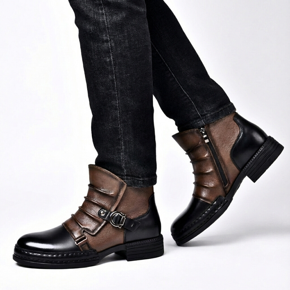 Men's Buckle Boots Faux Leather Two-Tone