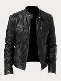 Men's casual leather jacket with multiple pockets - Black