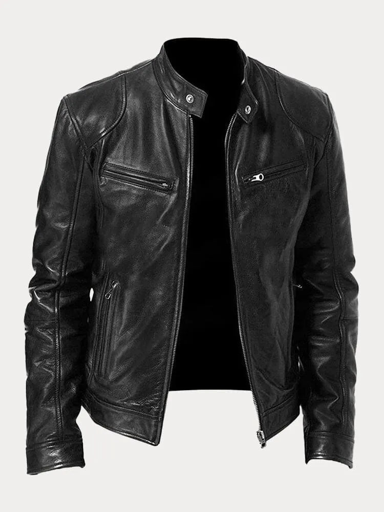 Men's casual leather jacket with multiple pockets - Black