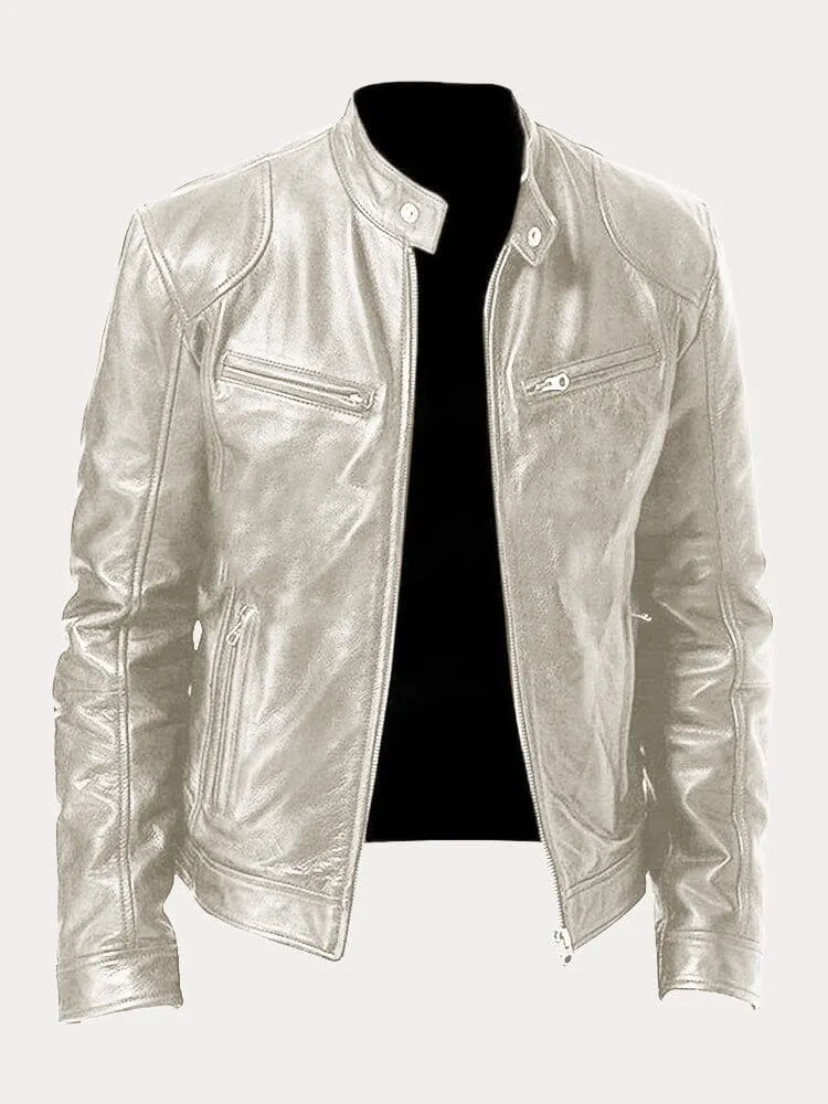 Men's casual leather jacket with multiple pockets - Beige