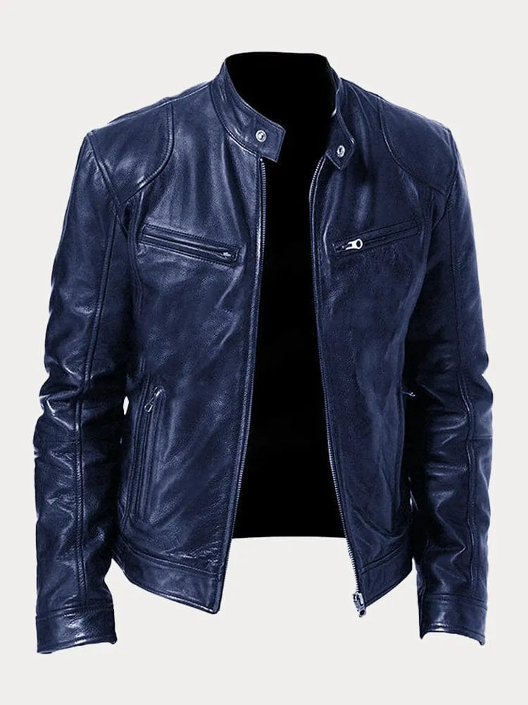 Men's casual leather jacket with multiple pockets - Dark Blue