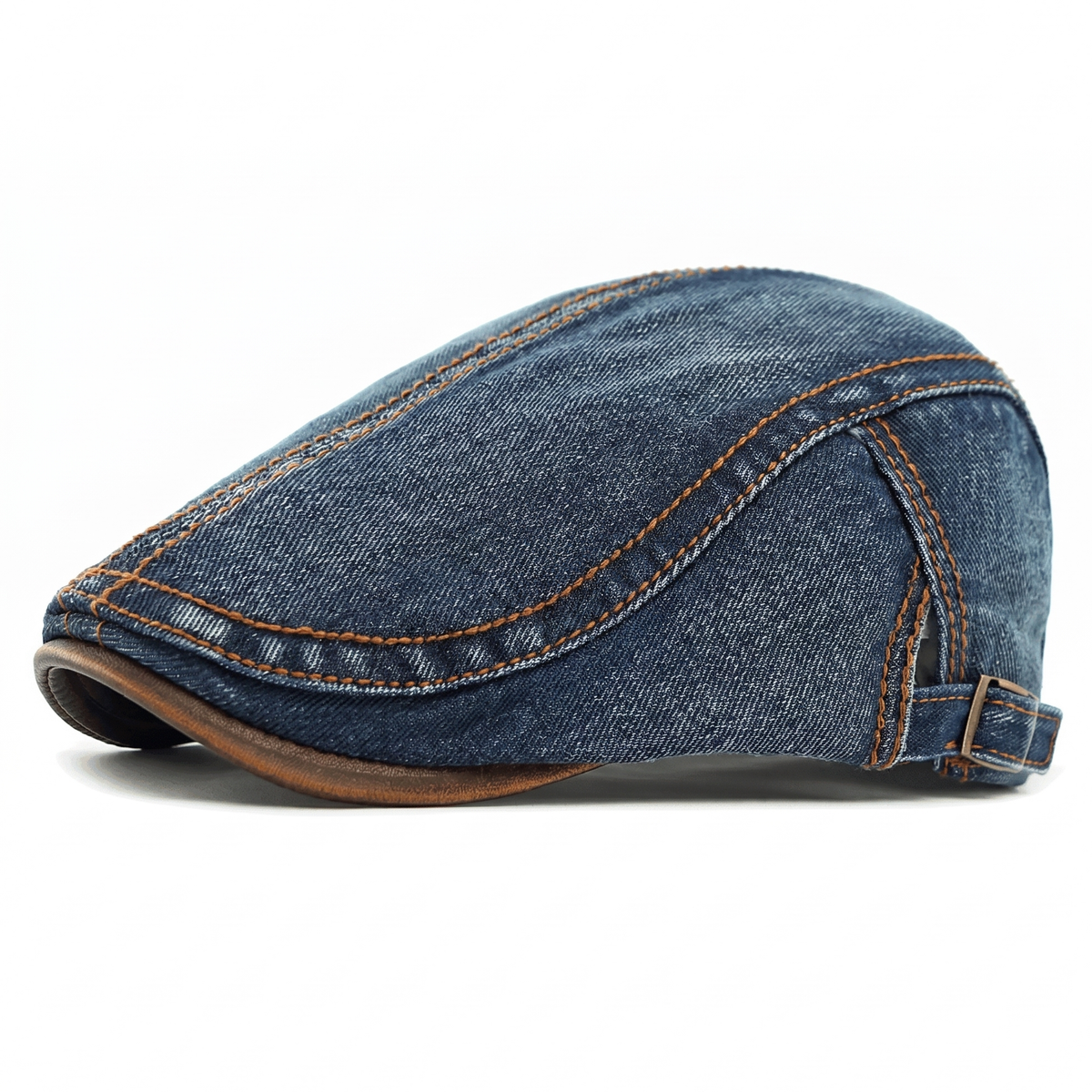 Men's Washed Denim Flat Cap with Contrast Stitching - Dark Blue