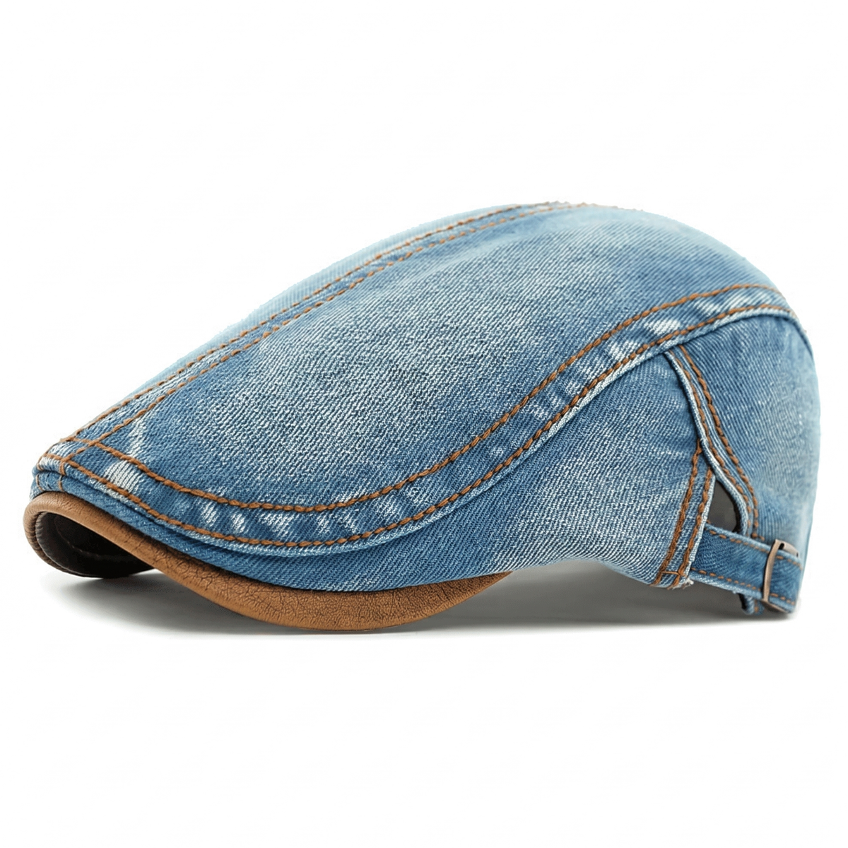 Men's Washed Denim Flat Cap with Contrast Stitching - Light Blue