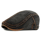 Men's Washed Denim Flat Cap with Contrast Stitching - Black