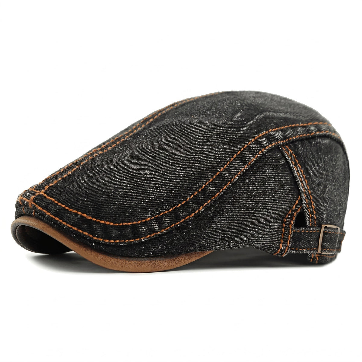 Men's Washed Denim Flat Cap with Contrast Stitching - Black