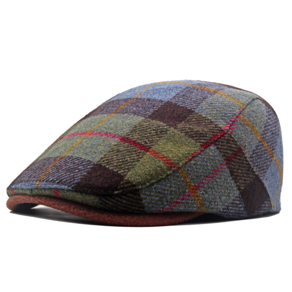 Men's Wool Flat Cap with Plaid Pattern - Green