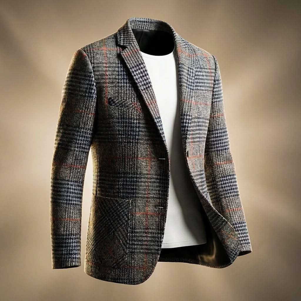 Men's Houndstooth Wool Blend Blazer with Notch Lapel - Grey