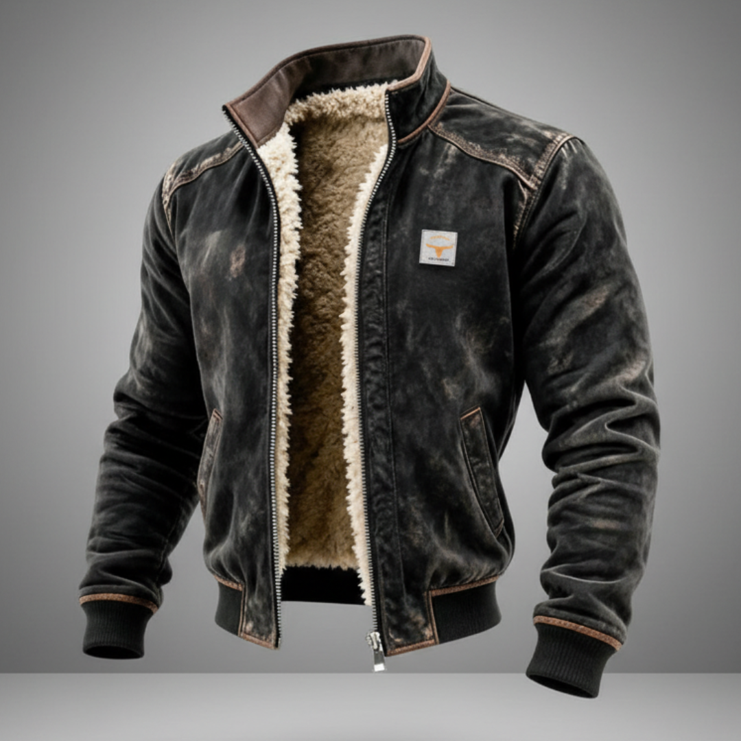 Men's Vintage Leather Jacket with Fluffy Lining - Black
