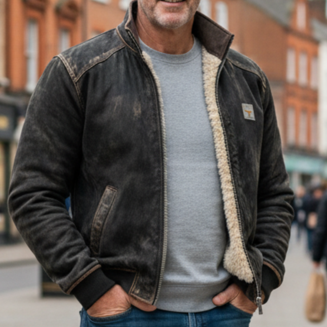 Men's Vintage Leather Jacket with Fluffy Lining